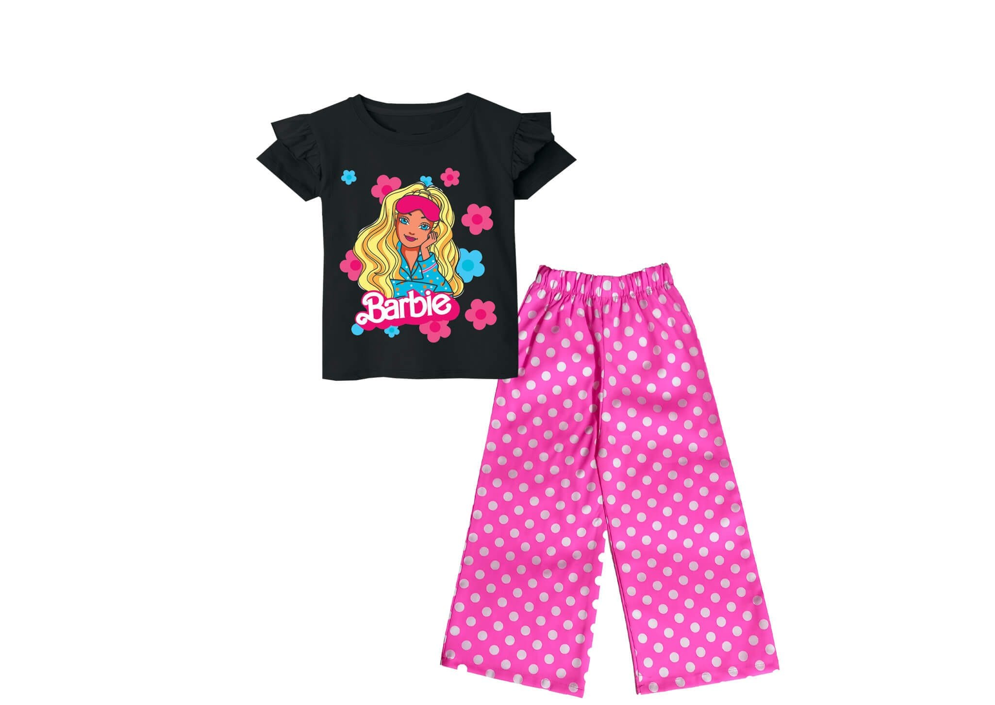 Barbie Doll & Flowers Frill T Shirt with Cotton Plazzo - Black & Pink
