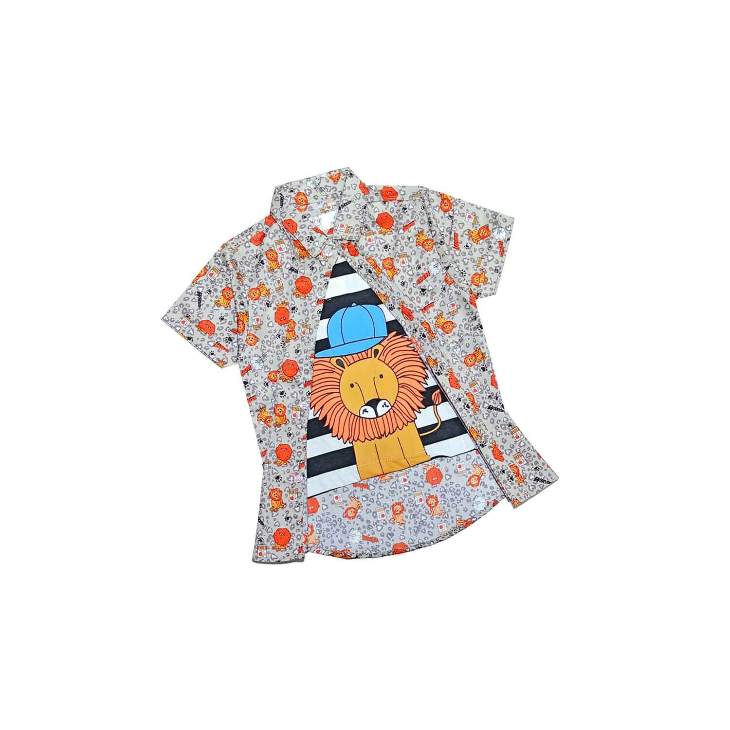 Cute Lion Fashion Twofer Cotton Casual Shirt - Light Grey 1