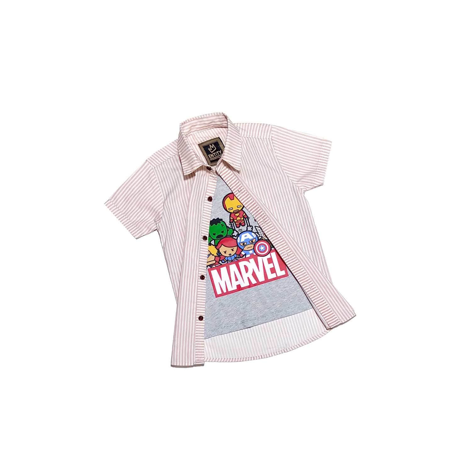 Pink Stipes Charactor Twofer Cotton Casual Shirt - White 1