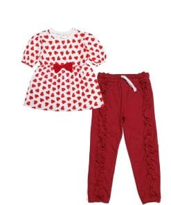 Red Bow & Hearts Top & Frill Style Trouser - White & Maroon