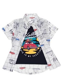 Regular Fit Summer Beach Car Twofer Cotton Casual Shirt - White & Black