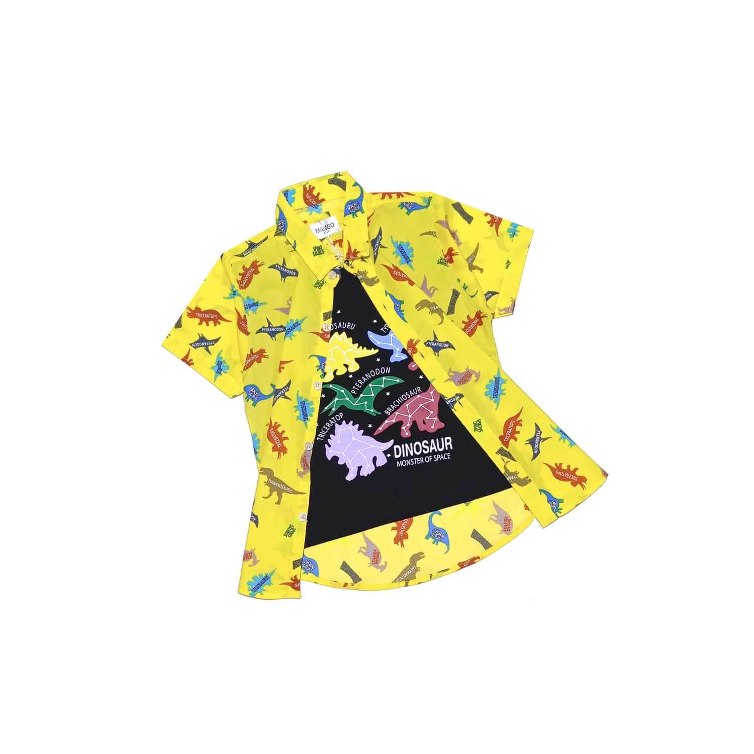Regular Fit Wild Dinosaur Twofer Cotton Casual Shirt - Yellow & Black 1