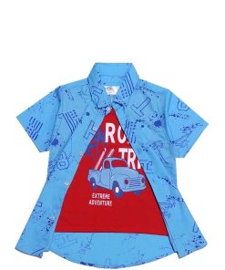 Road Trip Car Twofer Cotton Casual Shirt - Sky Blue & Red