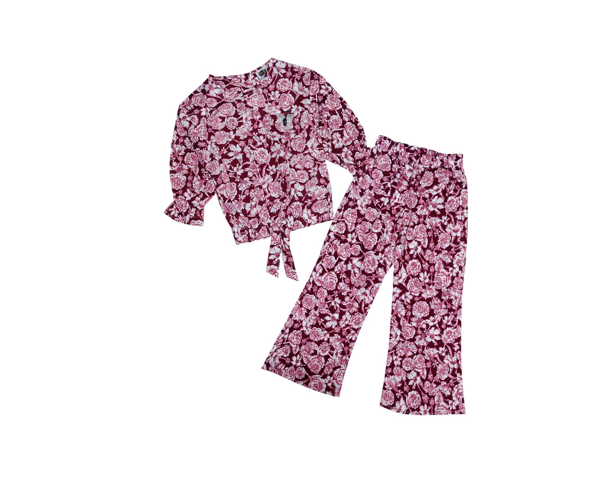 Spring Rossess Cotton Short Top & Flare Trouser - Maroon 1
