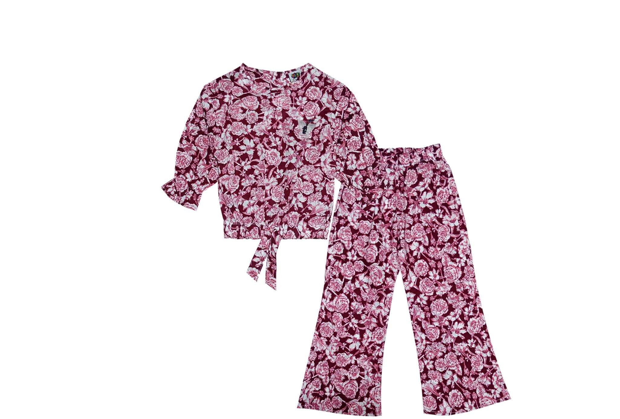Spring Rossess Cotton Short Top & Flare Trouser - Maroon