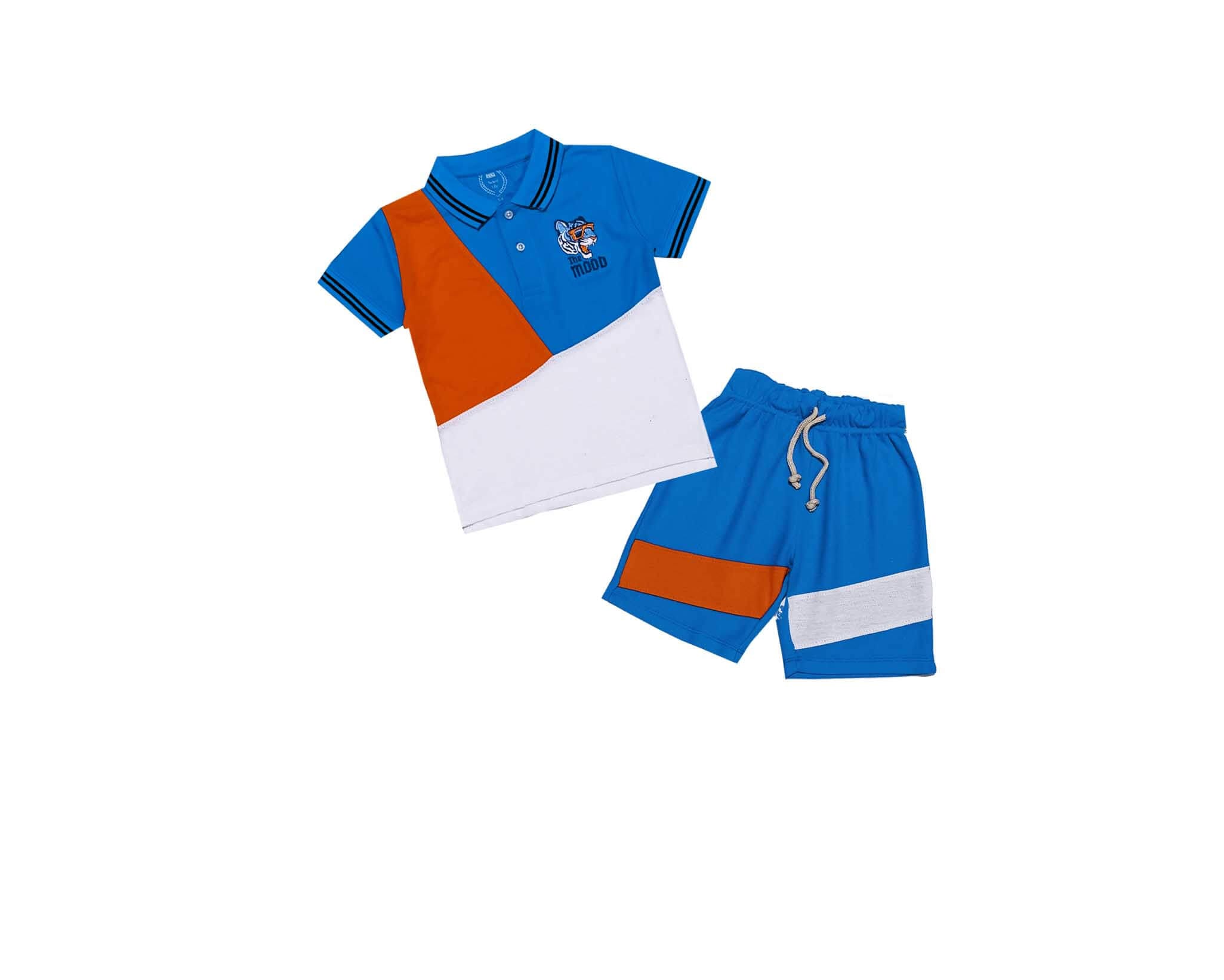 Stylish Penal Lion Mood Logo Peque Fabric Polo & Short - Orange Blue & White 1