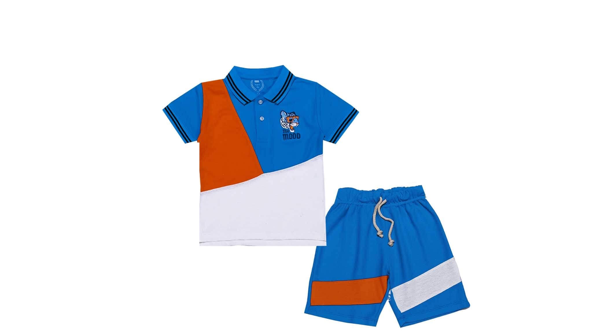 Stylish Penal Lion Mood Logo Peque Fabric Polo & Short - Orange Blue & White