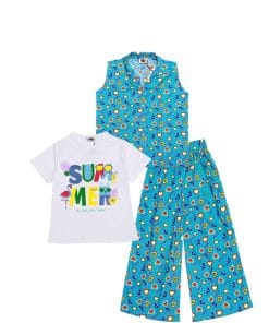 Umbrella Hearts Tee Shirt & Sleeve Less Cotton Coat Coller Jacket with Plazzo - Sea Green