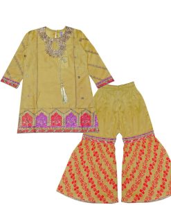 Classic-Emb-&-Tilla-Work-A-line-Cotton-Shirt-with-Gharrara-Golden