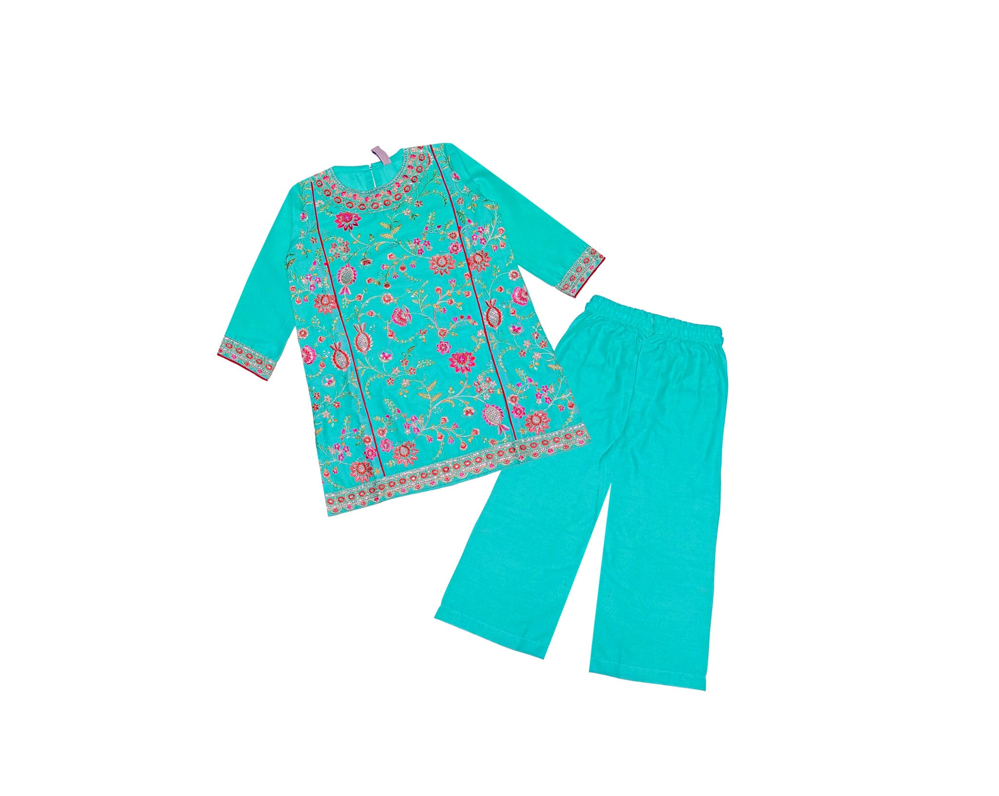 Modest-Stylish-Florals-Cotton-Kurti-With-Plazzo--Aqua-1