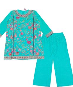 Modest-Stylish-Florals-Cotton-Kurti-With-Plazzo---Aqua