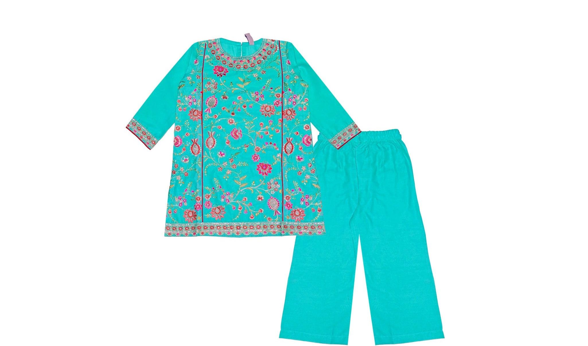 Modest-Stylish-Florals-Cotton-Kurti-With-Plazzo---Aqua
