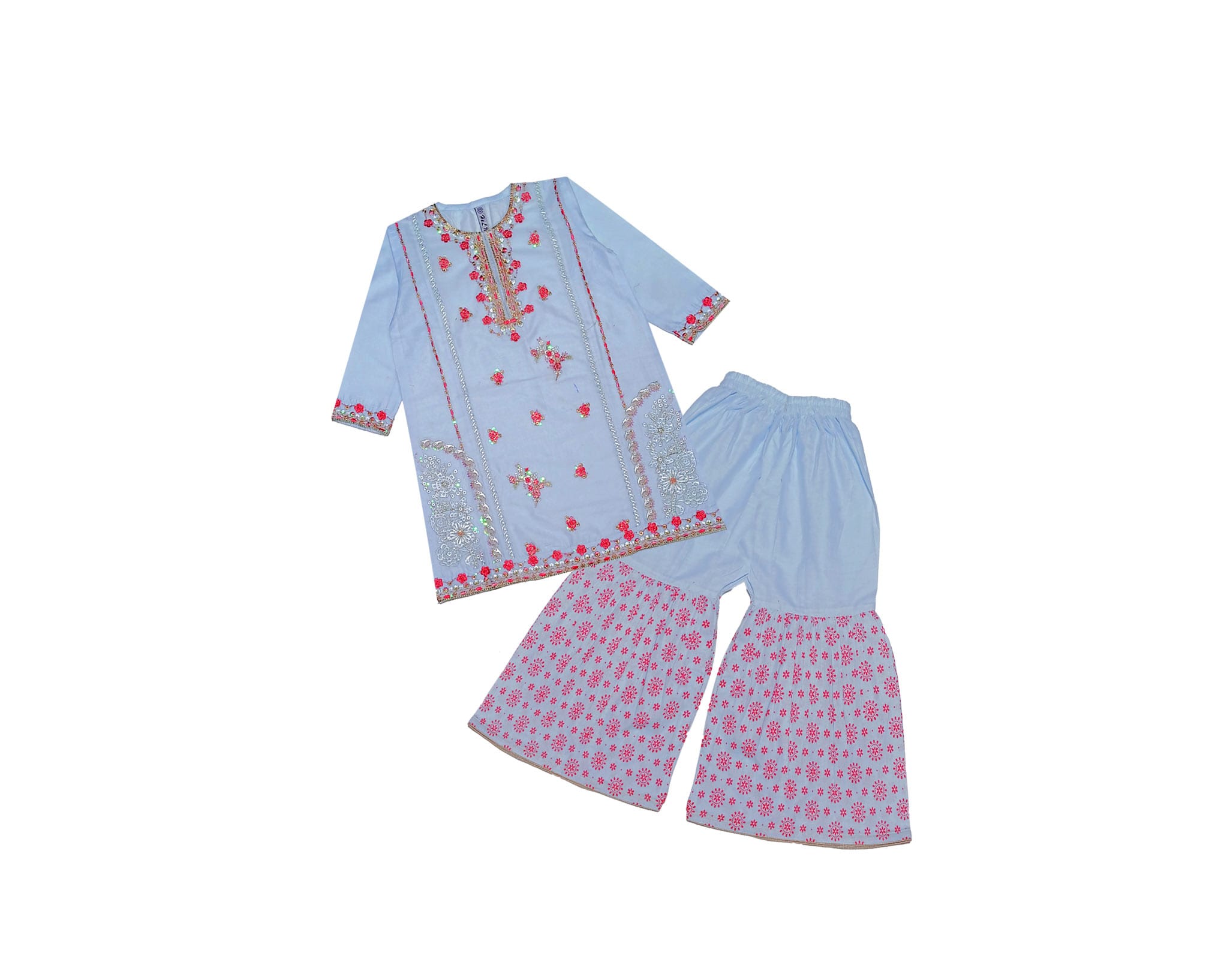 Traditional-Emb-&-Tilla-Work-A-line-Cotton-Shirt-with-Gharrara-Sky-Blue-1