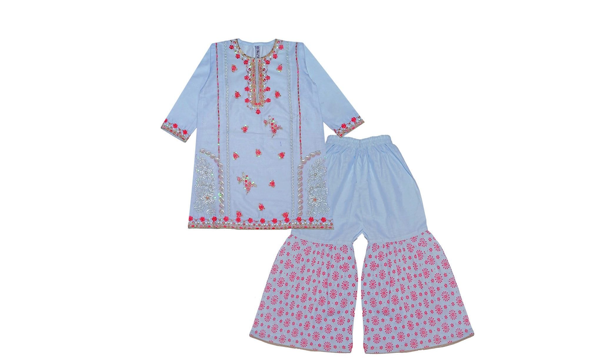 Traditional-Emb-&-Tilla-Work-A-line-Cotton-Shirt-with-Gharrara-Sky-Blue