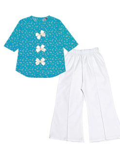 Butterfly World Pleatts Top With Flapper Trouser – Sea Green & White
