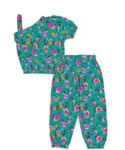 Cross-Shoulder-Style-Vibrant-Flowers-Cotton-Top-&-Trouser--Green