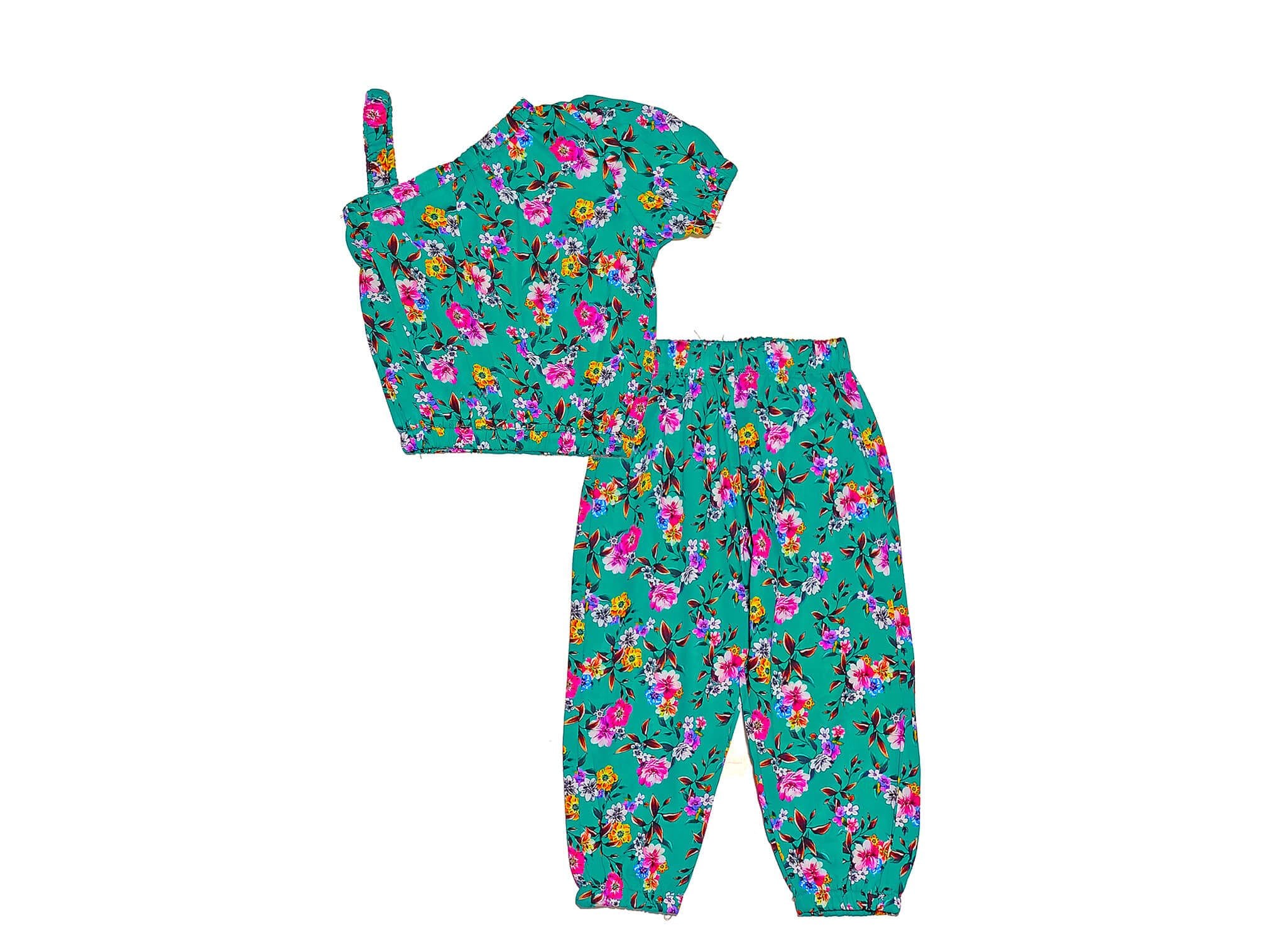 Cross-Shoulder-Style-Vibrant-Flowers-Cotton-Top-&-Trouser--Green
