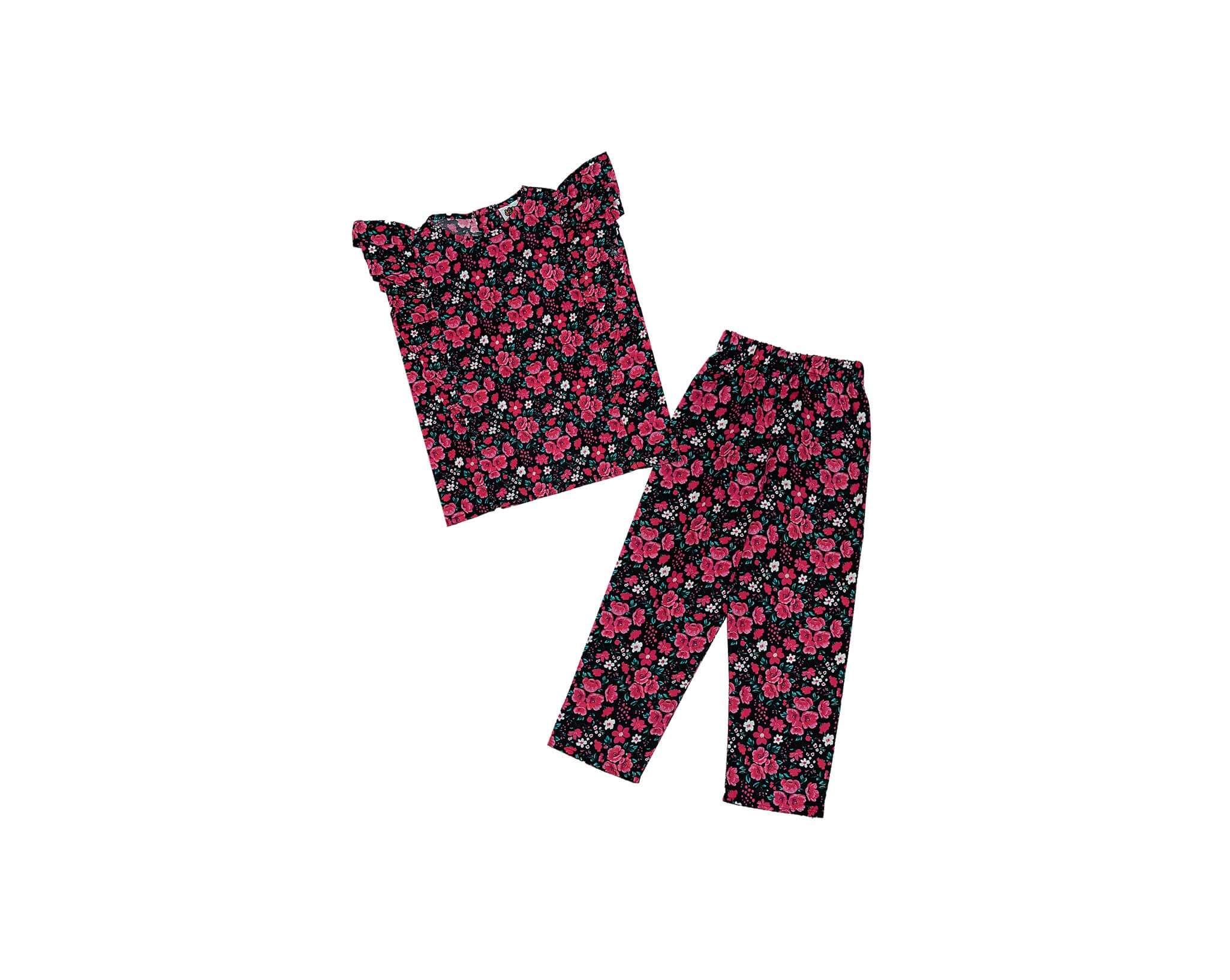 Pinkish-Flowers-Frill-Stylish-Cotton-Top-&-Trouser-Black