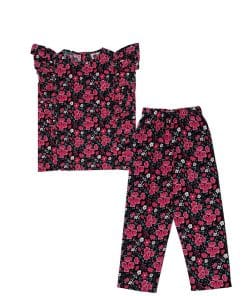 Pinkish-Flowers-Frill-Stylish-Cotton-Top-&-Trouser-Black