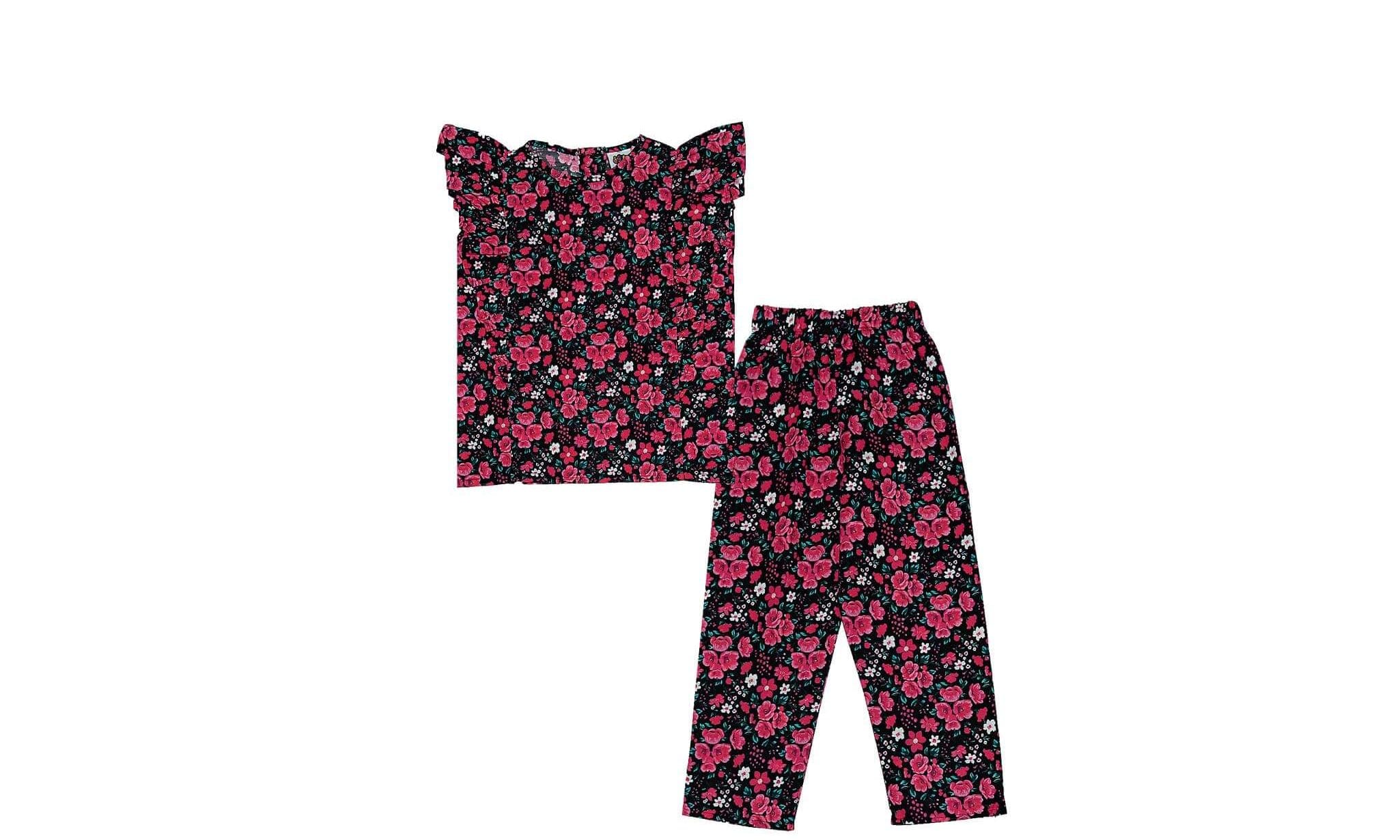 Pinkish-Flowers-Frill-Stylish-Cotton-Top-&-Trouser-Black