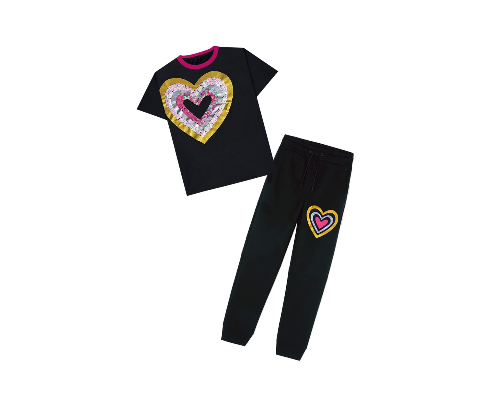 Bright Sequins Heart Tee & Trouser -Black