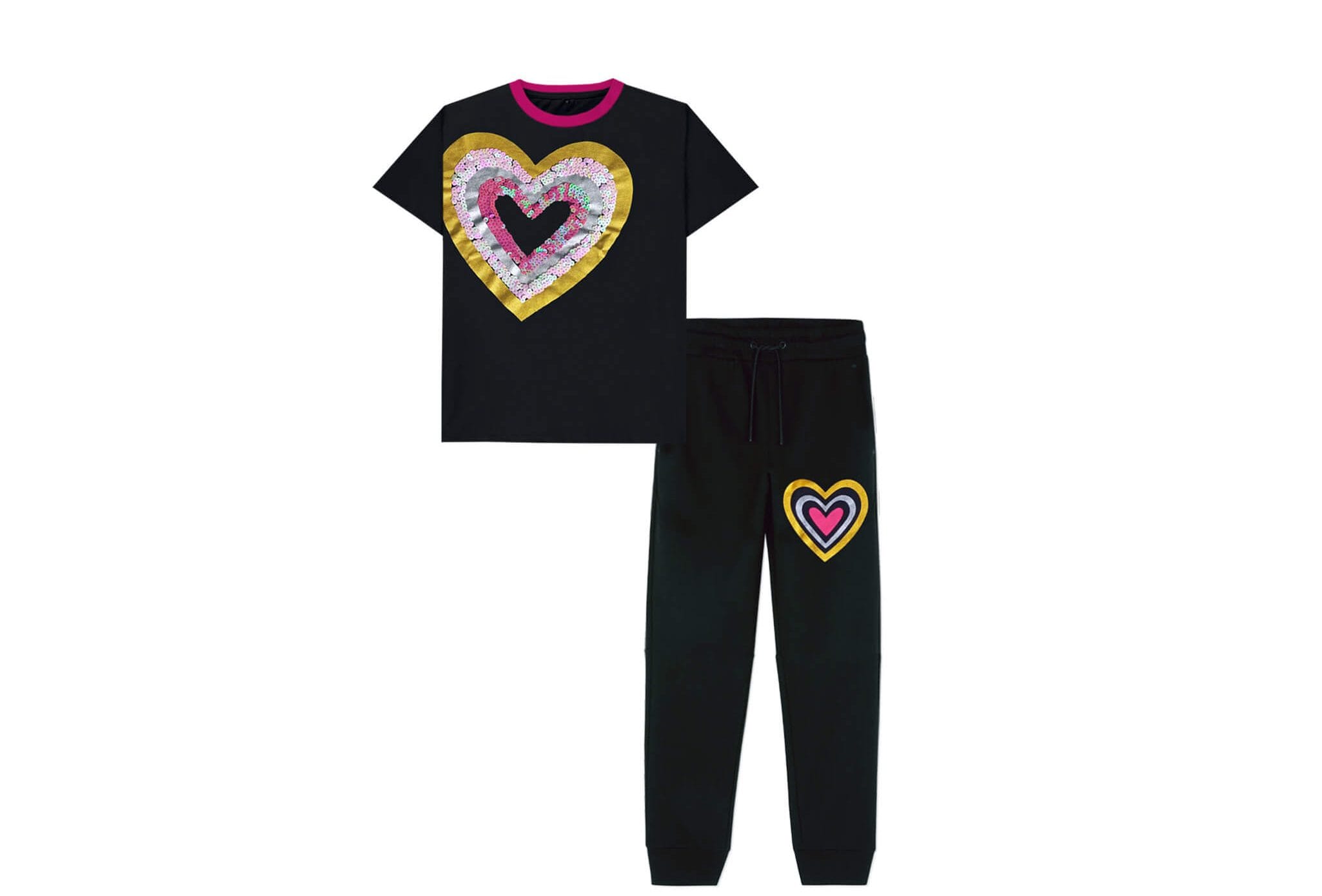 Bright Sequins Heart Tee & Trouser -Black