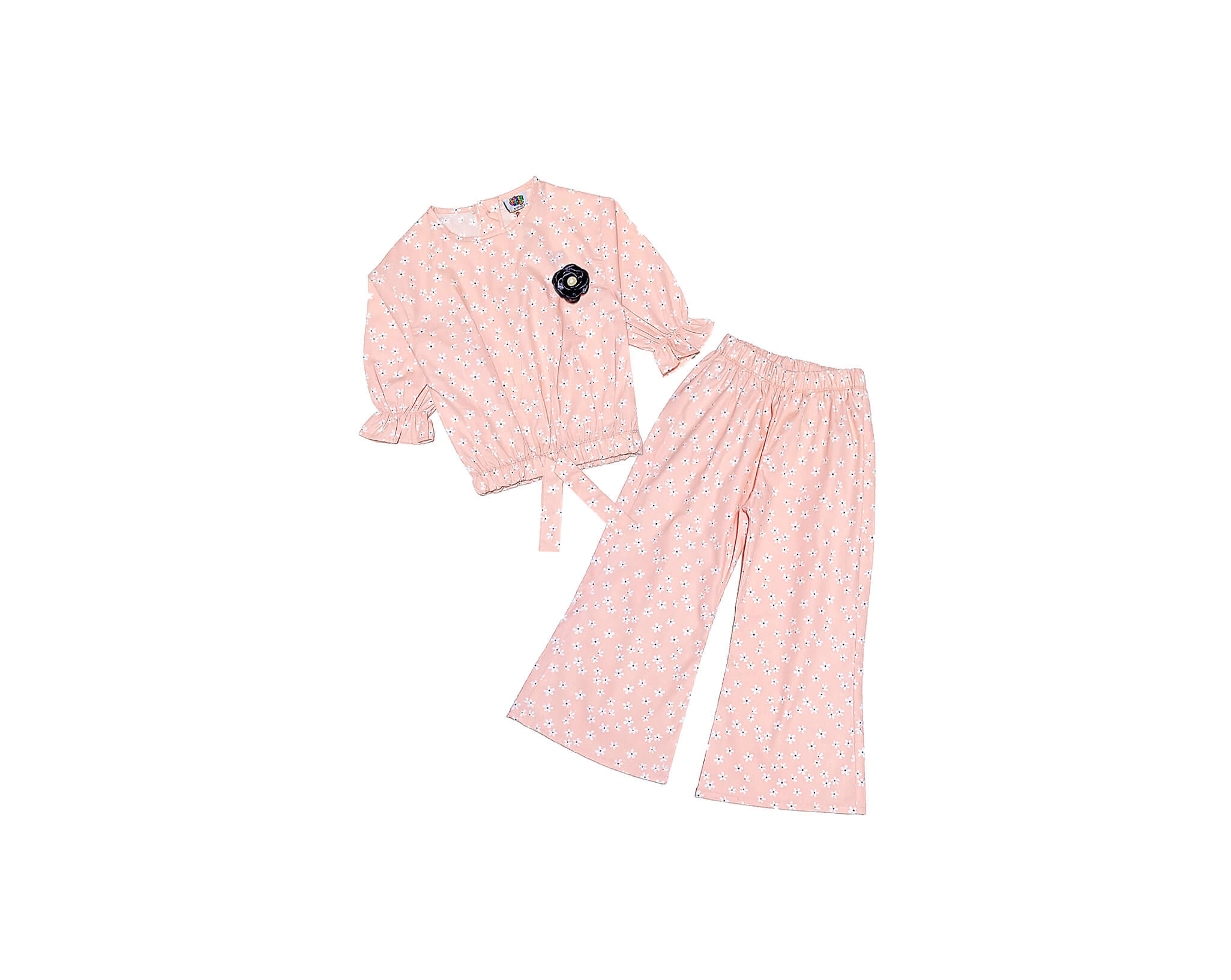 White Mini Flowers Cotton Top & Flapper Trouser – Peach 1White Mini Flowers Cotton Top & Flapper Trouser – Peach 1