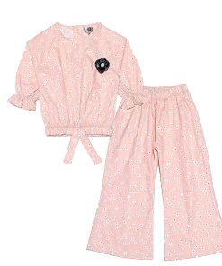 White Mini Flowers Cotton Top & Flapper Trouser – Peach