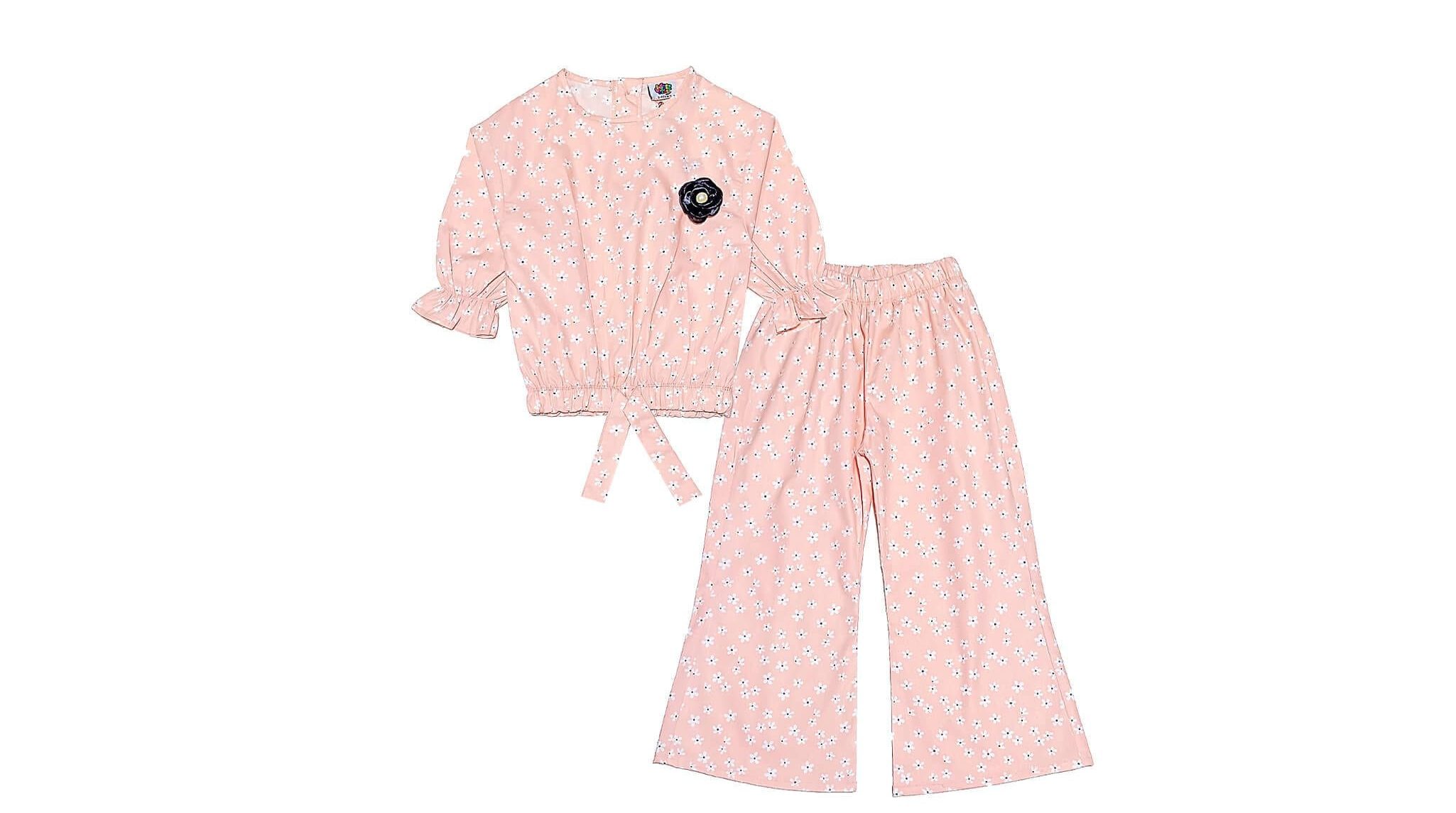 White Mini Flowers Cotton Top & Flapper Trouser – Peach