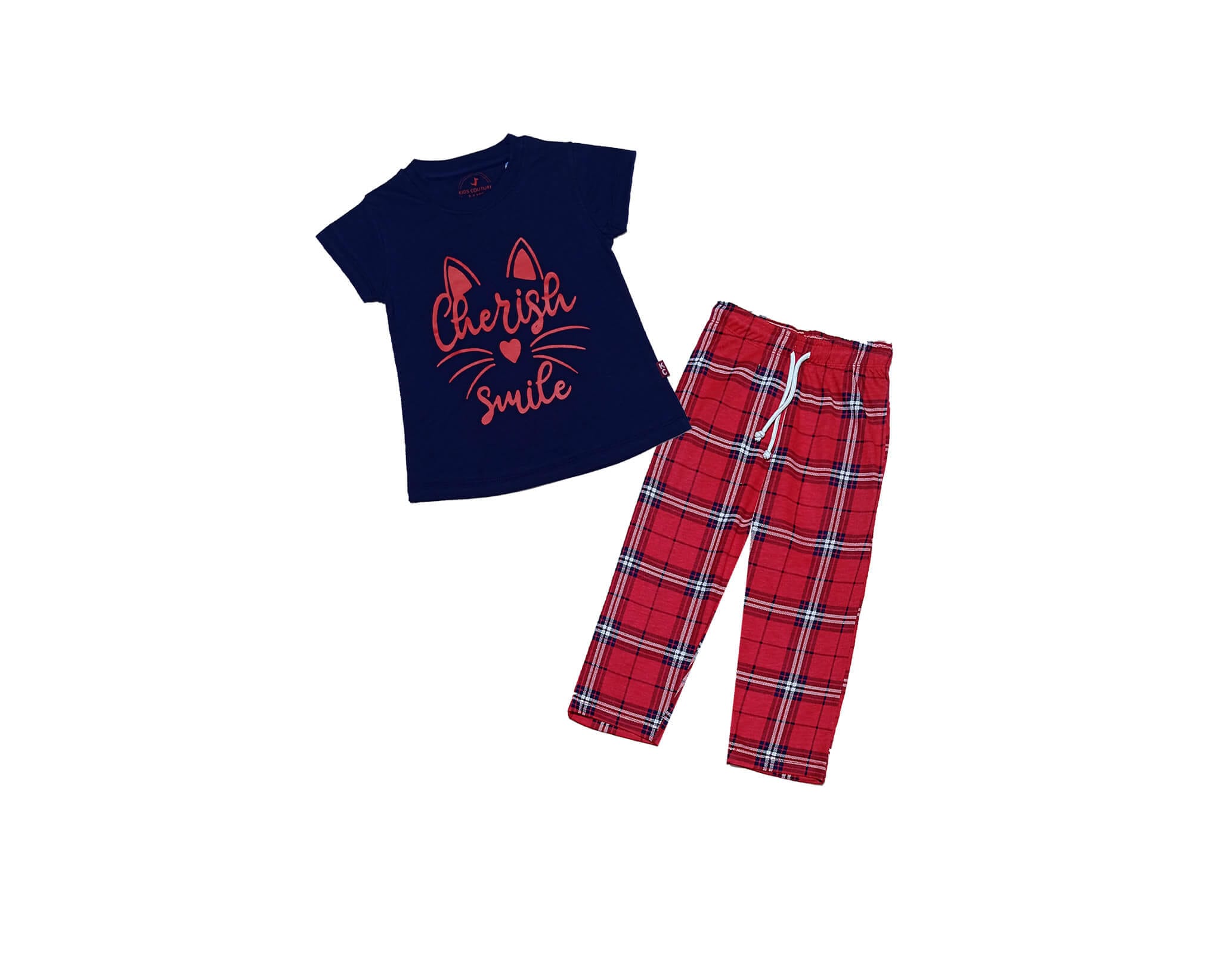 Cherish-Kitty-Smile-Tee-Shirt-Trendy-Checked-Trouser-Navy-&-Red