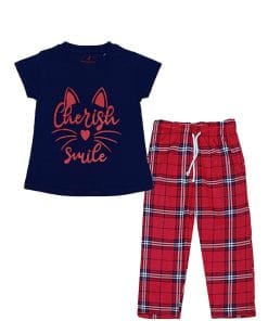 Cherish-Kitty-Smile-Tee-Shirt-Trendy-Checked-Trouser-Navy-&-Red