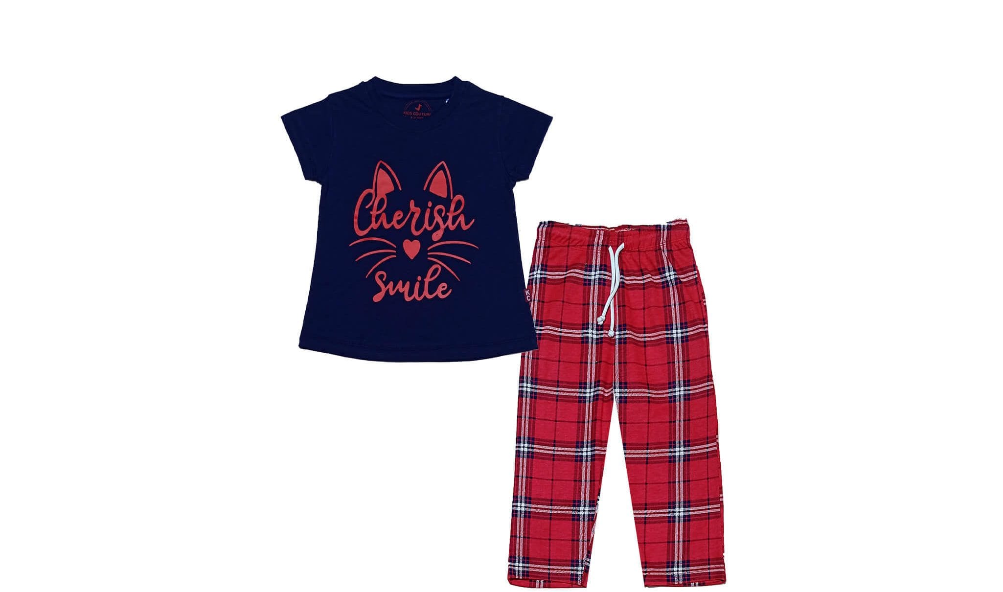Cherish-Kitty-Smile-Tee-Shirt-Trendy-Checked-Trouser-Navy-&-Red