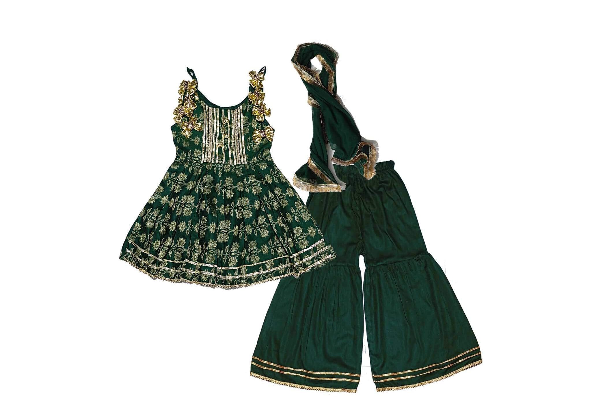 Golden Floral Festive Fancy Brochia Lawn Frock & Gharrara -Green