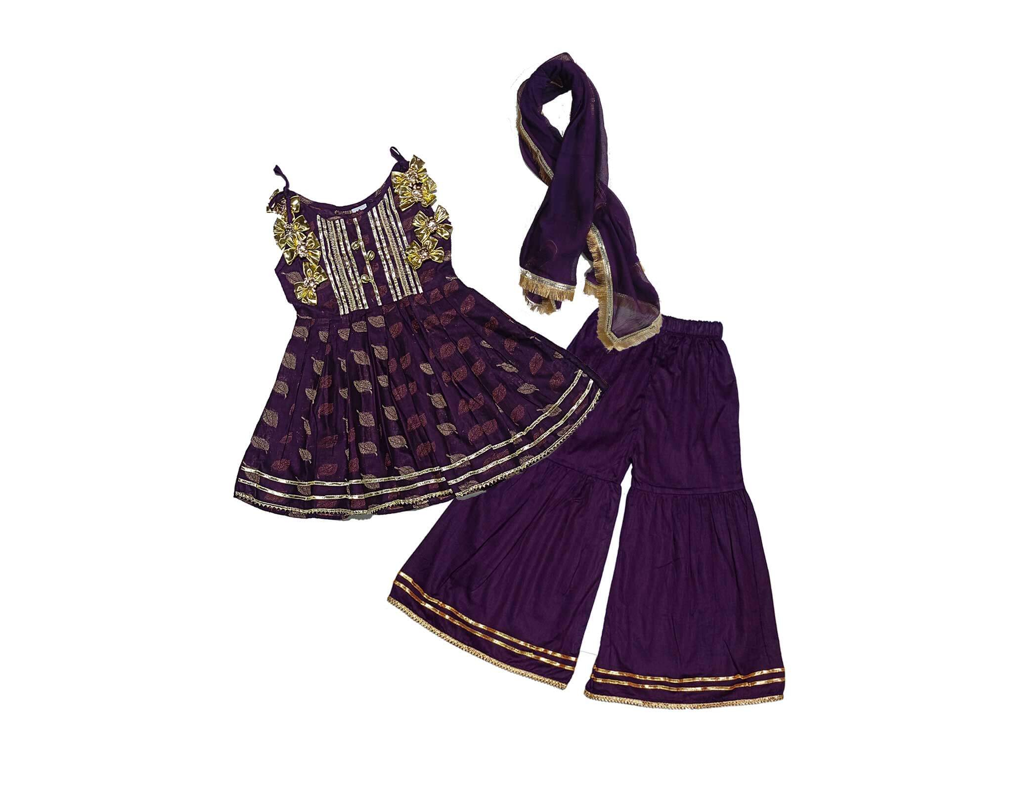 Leaf Festive Fancy Brochia Lawn Frock & Gharrara -Purple