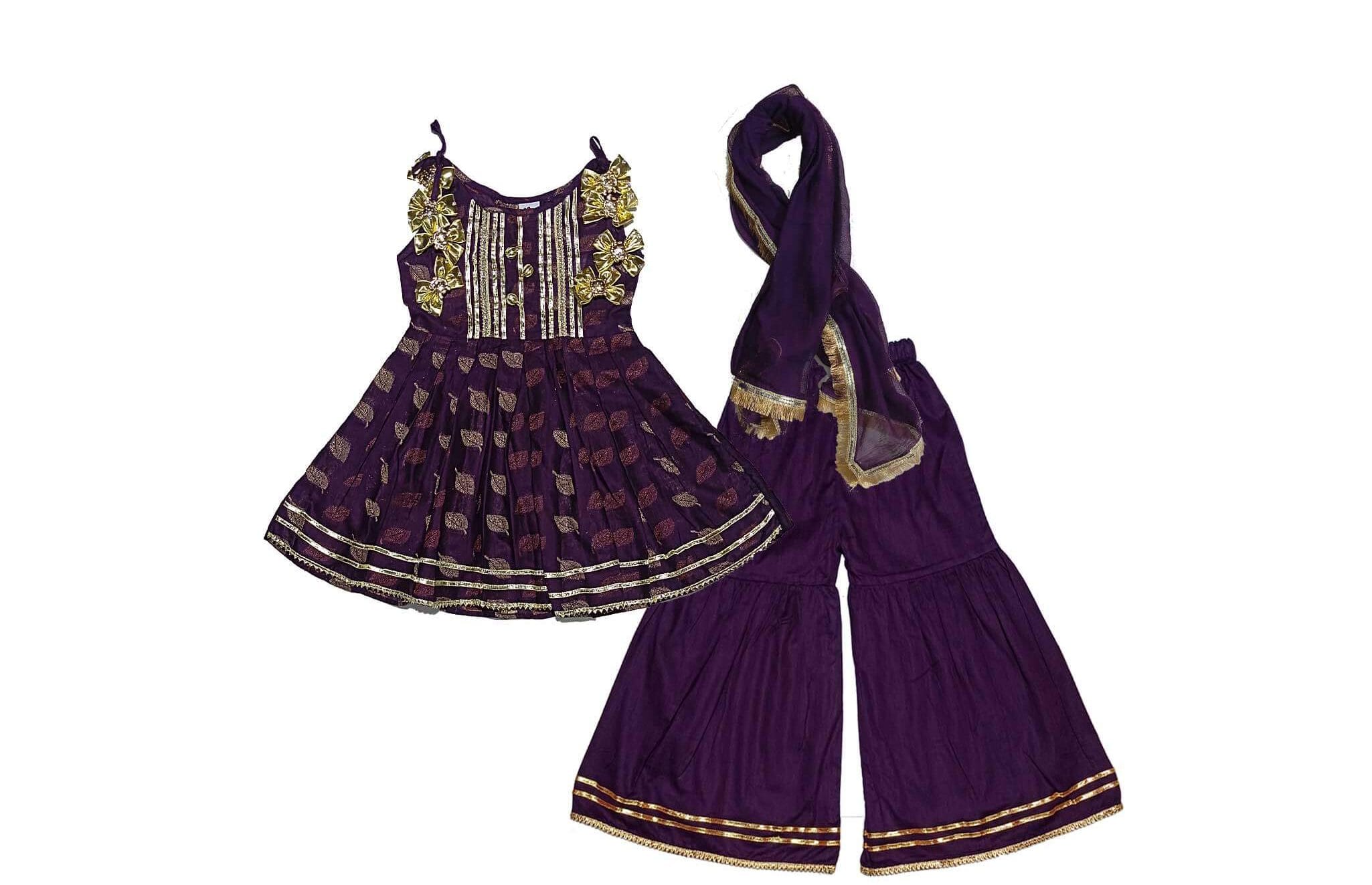 Leaf Festive Fancy Brochia Lawn Frock & Gharrara -Purple