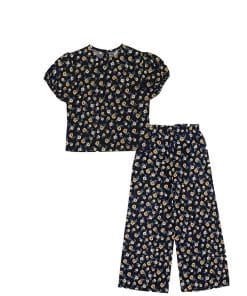 Tulip-Flowers-Short-Puff-Sleeves-Lawn-Fabric-Top-&-Flare-Trouser-Black