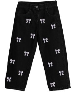 Bow Design Baggy Denim Pant Black