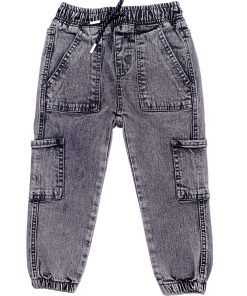 Multi-Pocket Comfort Full Elastic Waist Acid Wash Cargo Pants - Light Grey