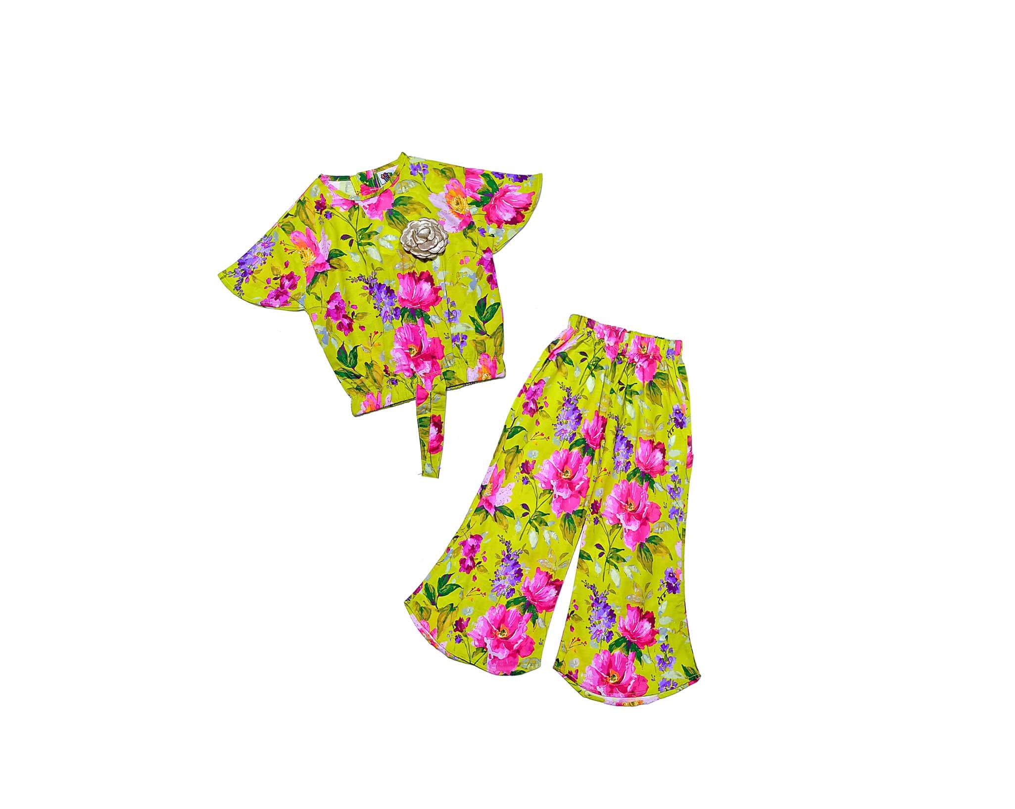 Multicoloured Floral Cotton CatFish Top & Trouser - Lime Green