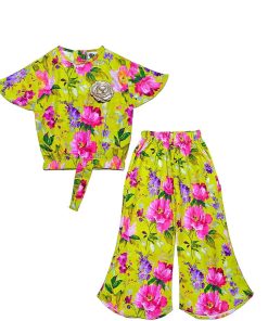 Multicoloured Floral Cotton CatFish Top & Trouser - Lime Green