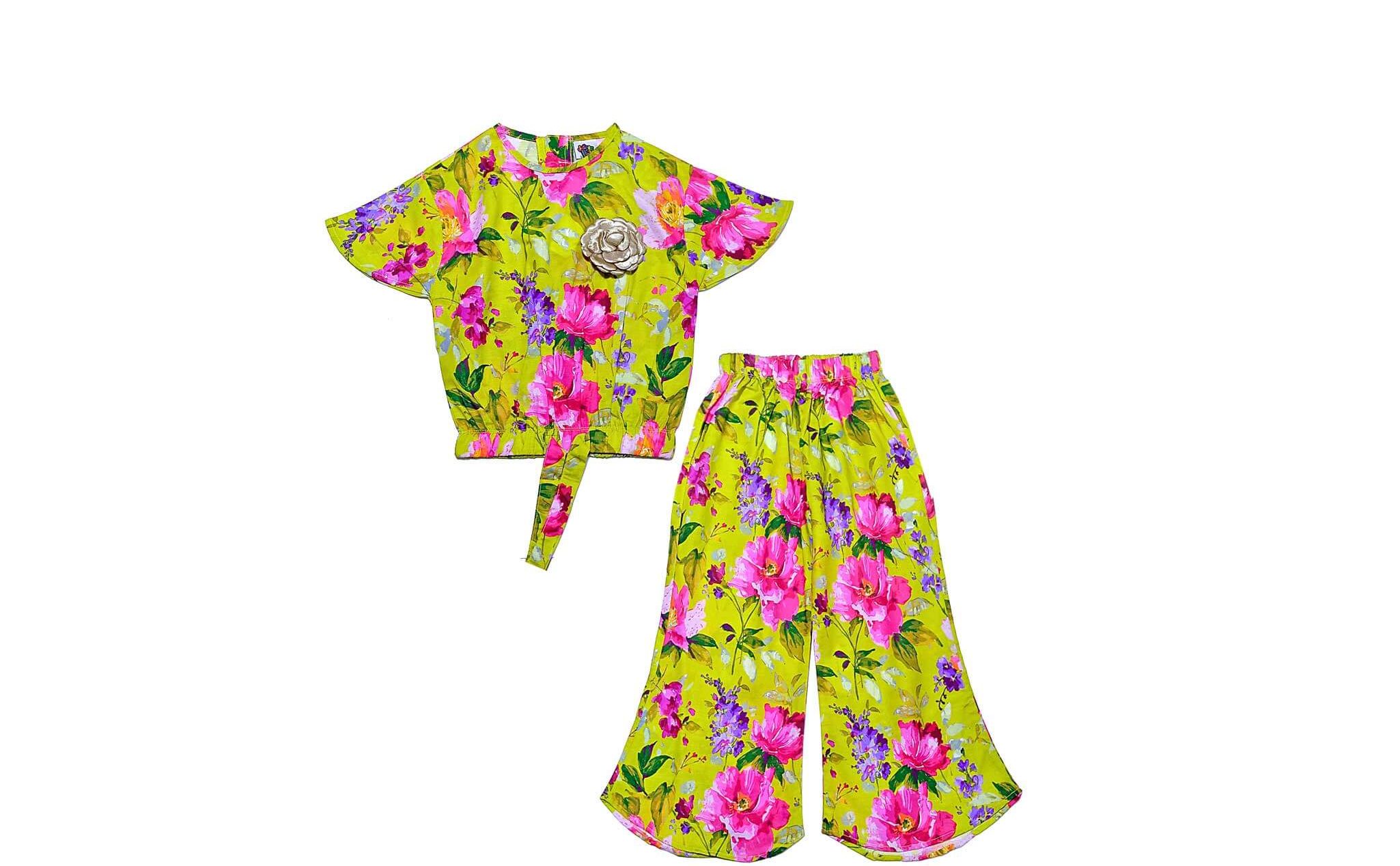 Multicoloured Floral Cotton CatFish Top & Trouser - Lime Green
