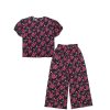 Pink Floral Short Puff Sleeves Lawn Fabric Top & Flare Trouser -Black