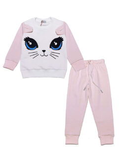 3D Kitty Face Fleece Tracksuit - White & Peach