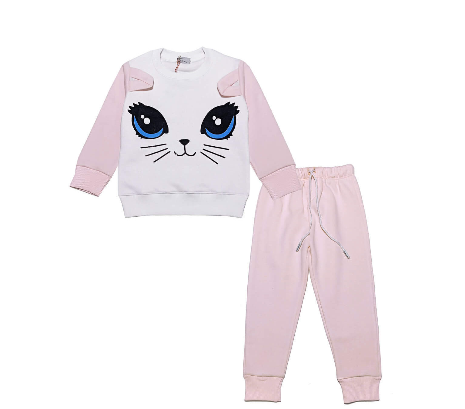 3D Kitty Face Fleece Tracksuit - White & Peach
