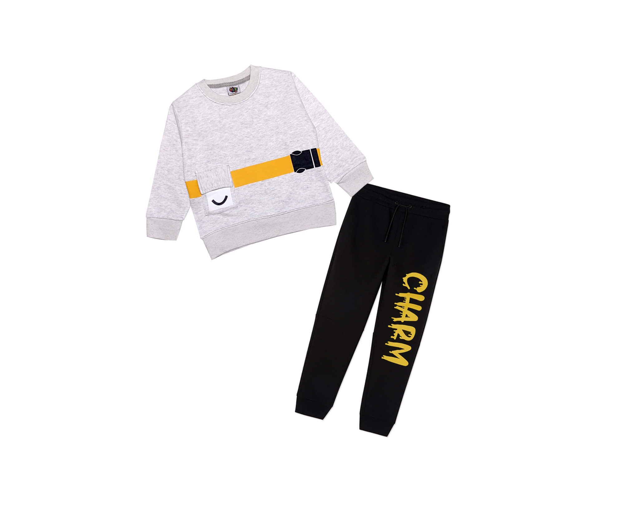 Charm Smile Pocket Fleece Tracksuit - Heather Grey & Black