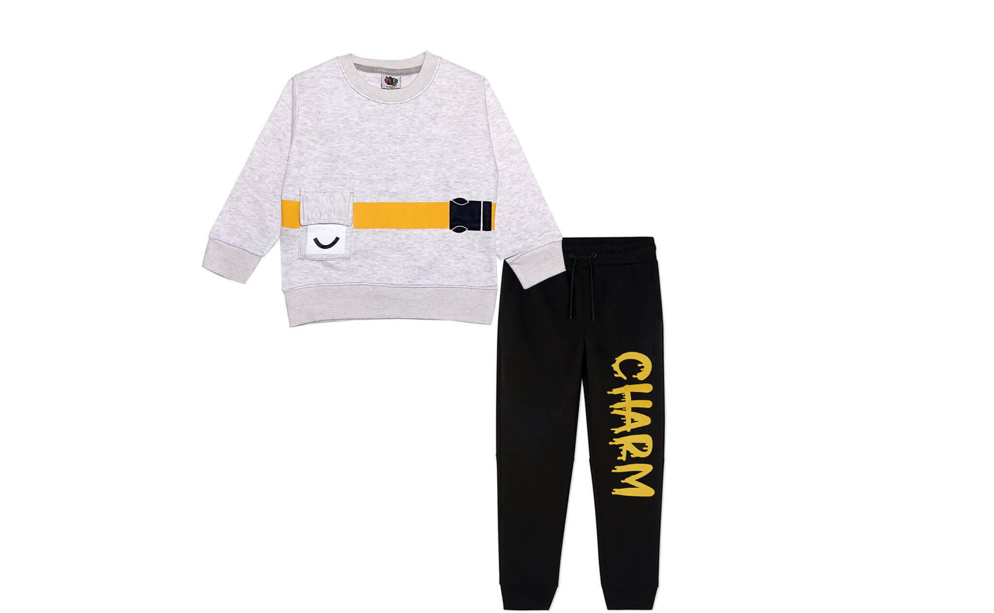 Charm Smile Pocket Fleece Tracksuit - Heather Grey & Black