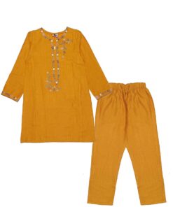 Girls Golden Floral Emb Khaddar 2pcs Suit - Mustard