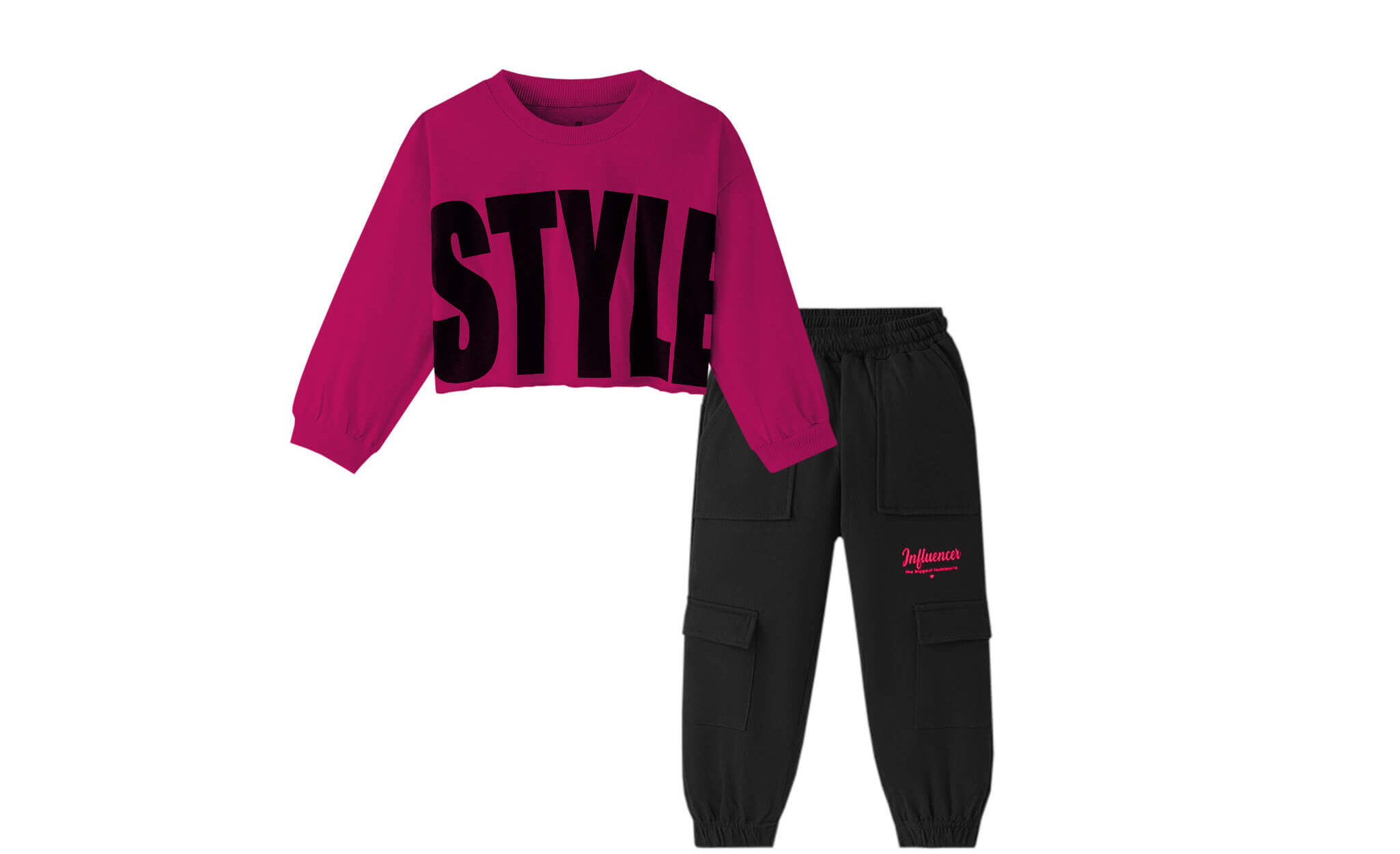 Influncer Style Short SweatShirt & Pockets Style Trouser - Shocking Pink & Black