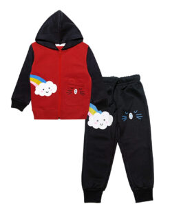 Cute Rainbow Cloud Fleece Hoodie Tracksuit - Red
