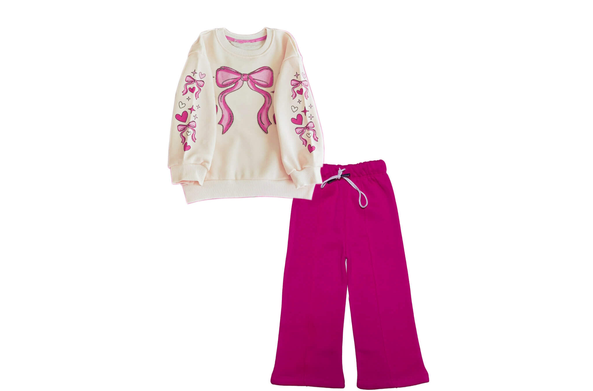 Pink Lovely Bow Bow Fleece Sweat with Flare Trouser - Skin & Shocking Pink